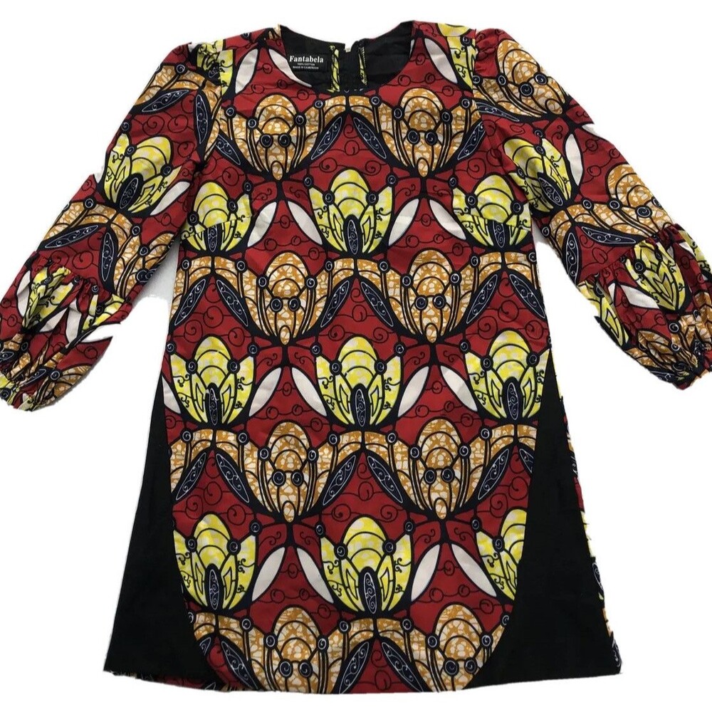 Fantabela Women's Dress Shirt Size 38 African Print Puff Sleeve Multicolor